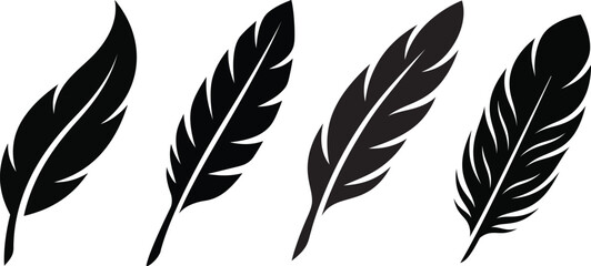 Set of four stylized black bird feather silhouettes isolated on a white background  © DolaMoni