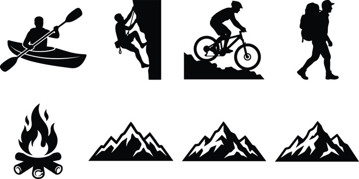 Black outdoor adventure silhouette icon set featuring kayaking, rock climbing, mountain biking, hiking, campfire, and mountains