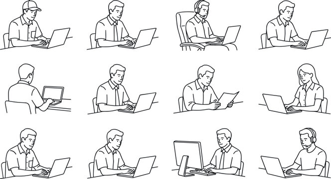 Office and remote work icon collection featuring laptops, desktops, reading, and communication tasks in minimal designs