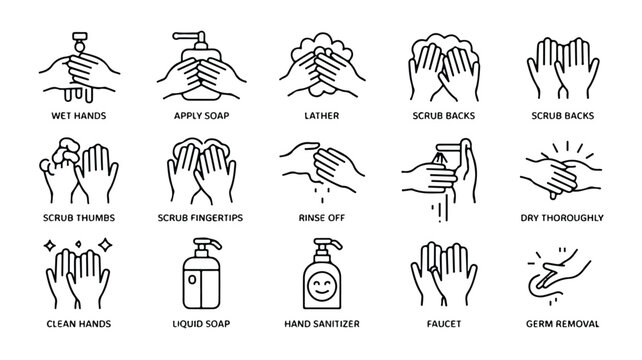 Hand washing steps and hygiene icons with soap and water  proper handwashing technique