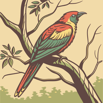 Colorful bird perched on a branch with leaves colorful feathers saturation brightness