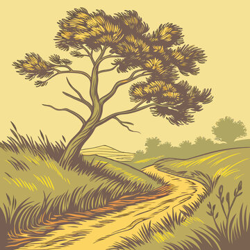 Illustration of a large tree on a hillside with a stream hillside landscape environment
