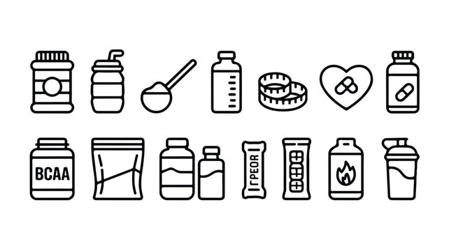 line icons of various fitness and health supplements and accessories on white background