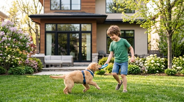 Boy plays fetch with golden retriever dog in front of suburban home