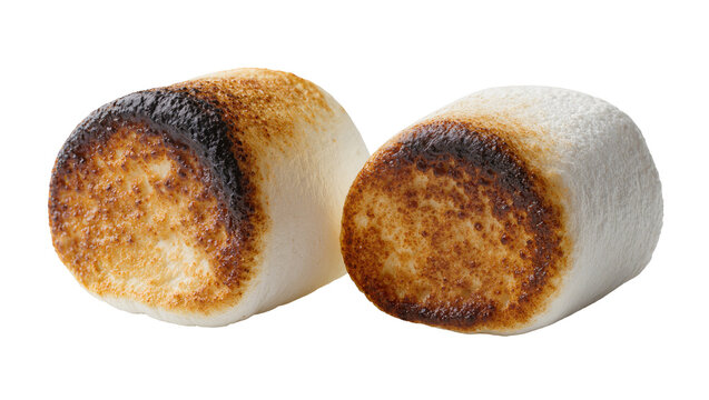 Two toasted marshmallows with charred brown edges, isolated on transparent background