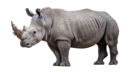Massive grey rhinoceros with large horn, isolated on transparent background © Maria