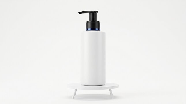 White cosmetic bottle with a black pump dispenser on a small white stand isolated on white background