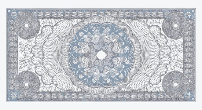 Intricate pale cornflower blue guilloche pattern on a white background, featuring symmetrical rosette designs and geometric line art suitable for banknote or security document backgrounds.