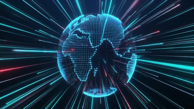 Glowing blue digital globe with radiant lines emanating from it in space