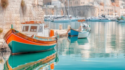 Fototapeta premium Colorful Sicilian Luzzu Boats Docked by the Tranquil Fishing Harbor