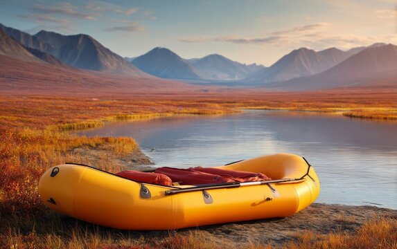 Packraft Inflated on the Shore of an Arctic Lake Surrounded by Tundra