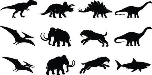 Prehistoric animals and dinosaurs black silhouette icon set isolated on white background vector collection © Abdul