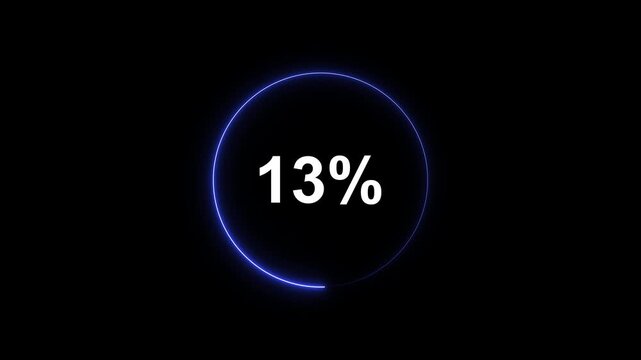 Glowing blue circular loading progress bar animation with 13 percent counter on black background, for ui ux, and digital technology projects
