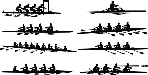 Rowing boat athletes silhouette set for sports competition championship and team water racing concepts © Abdul