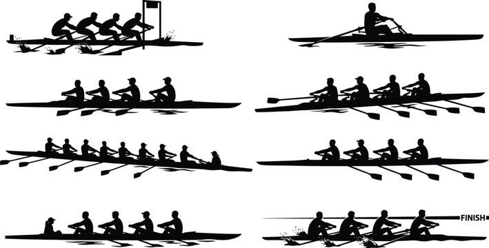 Rowing boat athletes silhouette set for sports competition championship and team water racing concepts