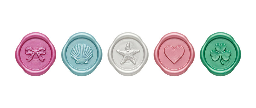 Vibrant collection of wax seals featuring nautical and lucky symbols like seashells, starfish, hearts, and clovers in shimmering colors.