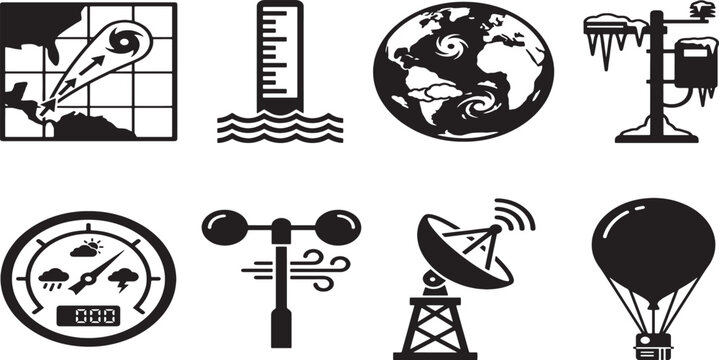 Weather forecast including hurricane tracking thermometer wind speed anemometer satellite dish and hot air balloon