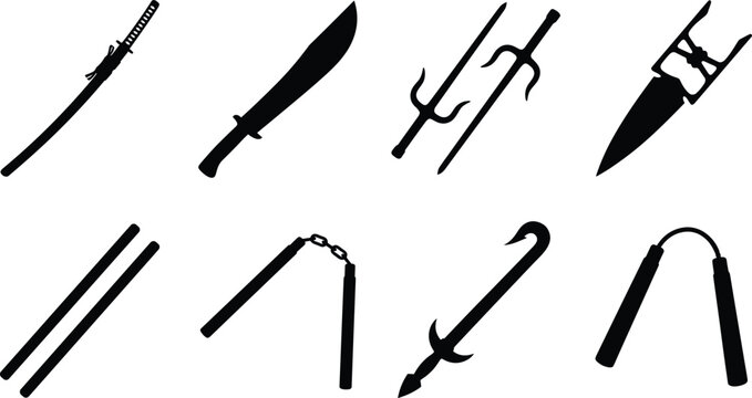 Traditional Asian Martial Arts Weapons and Blades Silhouette Icon Collection Isolated on White Background