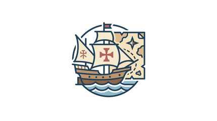 Vintage Sailing Ship Icon with Old Map and Compass Rose on White Background © Hamdan