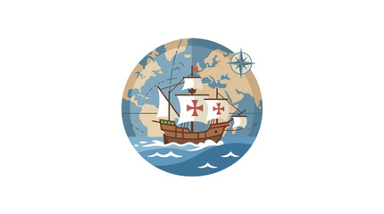 Vintage Sailing Ship Navigating Globe with Compass Icon © Hamdan