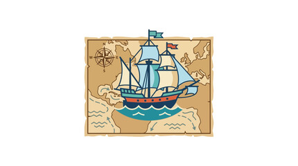 Vintage Sailing Ship Navigating Old World Map, Nautical Adventure © Hamdan