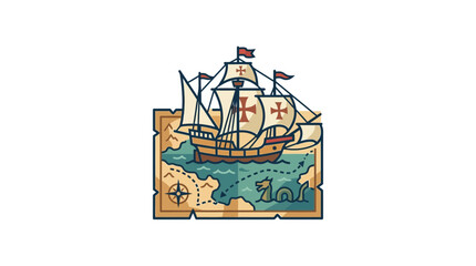 Vintage Sailing Ship Navigating Old Map with Sea Monster Illustration © Hamdan