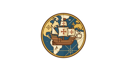 Vintage Sailing Ship Navigating World Map Emblem © Hamdan