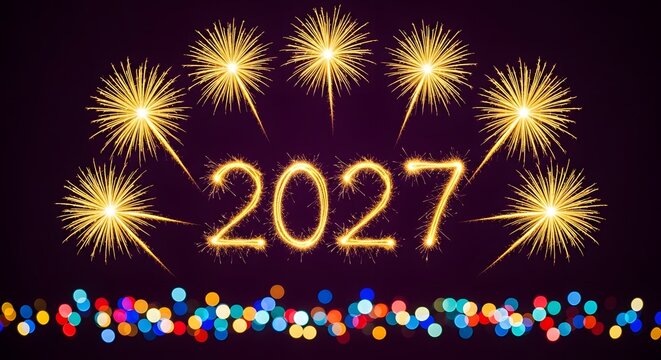 Happy new year 2027 greeting card design with glowing gold fireworks and colorful festive confetti