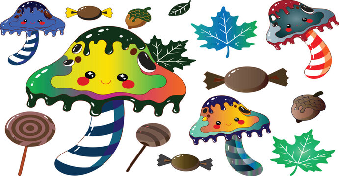 Whimsical Kawaii Mushrooms, Candies, Acorns, and Maple Leaves vector illustration