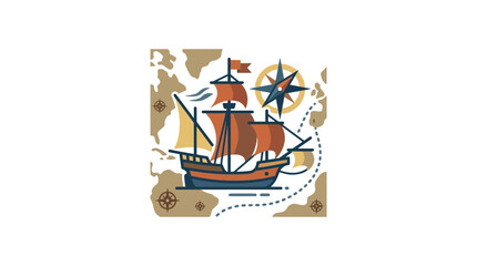 Vintage Sailing Ship on Old Map with Compass © Hamdan