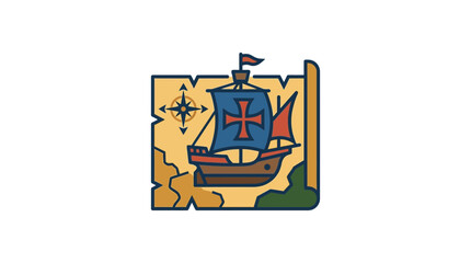 Vintage Sailing Ship on Old Map with Compass Rose © Hamdan