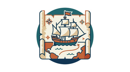 Vintage Sailing Ship on Old Treasure Map with Compass Rose © Hamdan