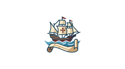 Vintage Sailing Ship on Scroll, Nautical Exploration Vector Art © Hamdan