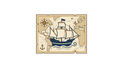Vintage Sailing Ship on Old World Map with Compass and Anchor © Hamdan