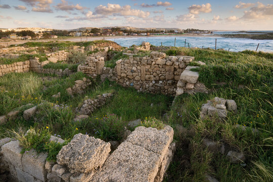 Ancient ruins at Tel Dor, a historic Mediterranean port in northern Israel. Archaeological remains reveal thousands of years of Canaanite, Phoenician, Greek, and Roman history.