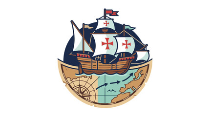 Vintage Sailing Ship on World Map with Compass Rose - Nautical Exploration © Hamdan