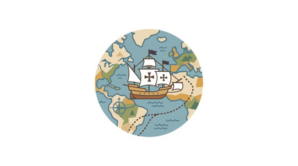 Vintage Sailing Ship on World Map, Exploration and Discovery Concept © Hamdan