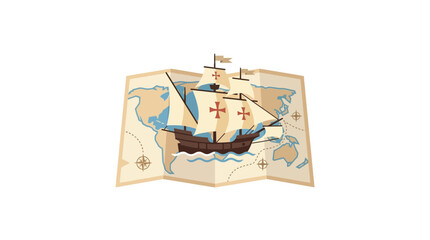 Vintage Sailing Ship on World Map, Exploration and Discovery © Hamdan