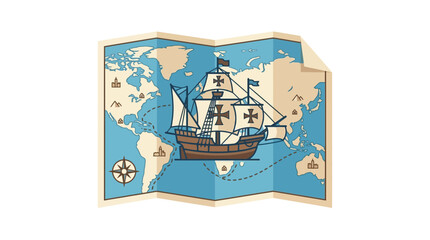 Vintage Sailing Ship on World Map, Old Navigation Chart, Discovery Era © Hamdan