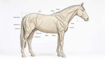 Obraz premium Detailed Equine Anatomy Study Side View Showing Muscle Structure And Skeletal Form Rendered In A Light Beige Tone Against A White Backdrop For