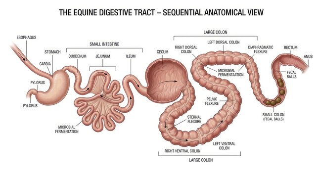 Detailed visual representation of the sequential anatomical view of the equine digestive tract including stomach and intestines for veterinary