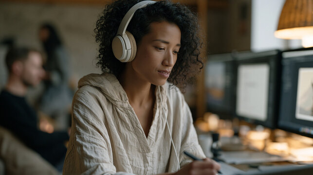 Filipino neurodivergent graphic designer working at a standing desk in a quiet corner of a creative studio, headphones on, multiple monitors tiled with organized windows,