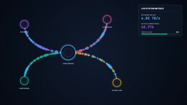 Network Data Flow Dashboard Animation Loop with Server Metrics and CPU Load