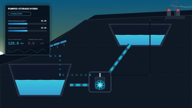 Pumped Storage Hydroelectricity Infographic Animation Showing Renewable Energy Grid Storage