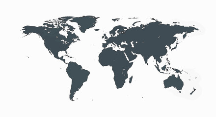 Fototapeta premium Minimalist world map silhouette in slate gray color isolated on a white background, featuring all major continents including North America, Europe, Africa, Asia, and Australia.