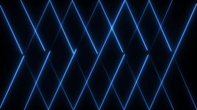 Neon blue diamond grid motion background, abstract glowing geometric lines pattern, pulsing cyberpunk light animation for digital presentations and vj loops