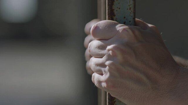 Close up of a person's hand gripping rusty metal bars, illustrating concepts of struggle, confinement, and hope.