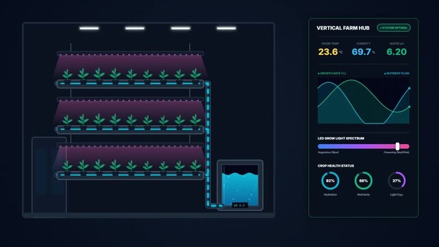 Smart Vertical Farming Hub Dashboard Interface with Hydroponics Monitoring Animation