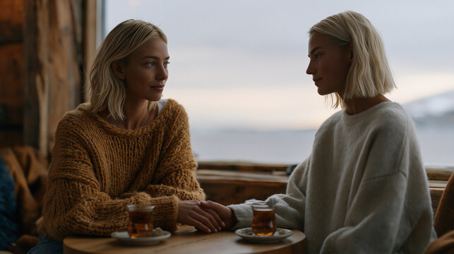 Sami woman sits opposite her estranged sister at a cafe table, one reaching her hand across, the other not yet ready to take it, apology and forgiveness in process, two cups of