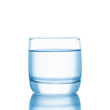 clear water in glass cup of blue shade with isolated white background